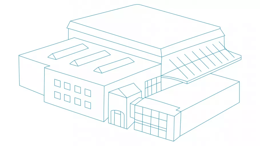 Illustration of a factory building with several halls, windows drawn in blue lines