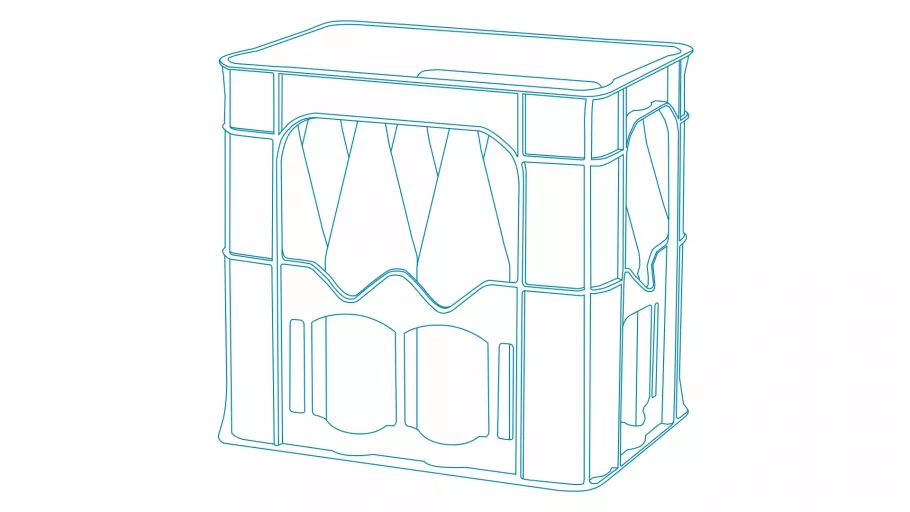 Illustration of a beverage crate with visible bottles inside, drawn in blue lines