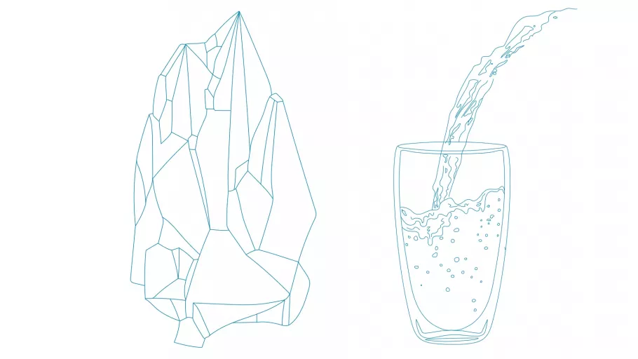 Illustration with two motifs: on the left, a rock; on the right, a glass into which sparkling water is being poured, drawn in blue lines