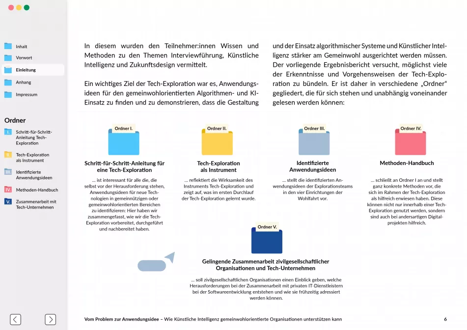 Page with introductory text on tech exploration, colored folder icons with labels for step-by-step instructions, tech exploration, application ideas, methodology manual, and collaboration with tech companies, navigation bar on the left