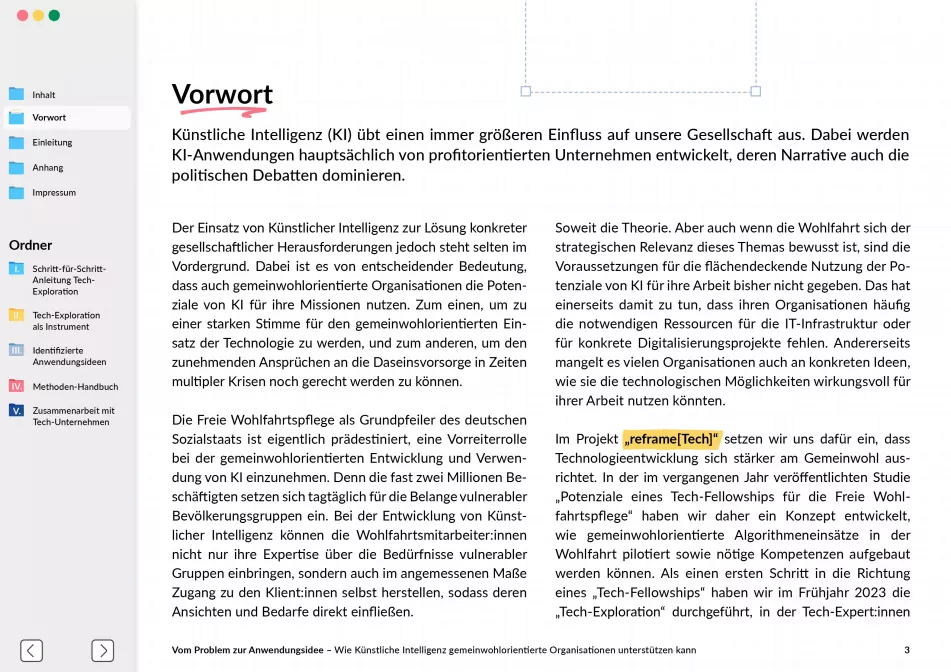 Page with foreword text on artificial intelligence and social relevance, navigation bar on the left
