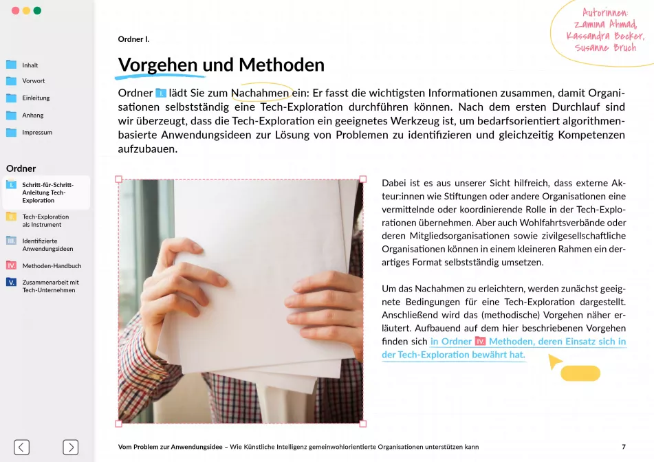 Page with heading “Procedure and methods,” text about conducting independent tech exploration, photo of person with papers covering their face at the bottom, navigation bar on the left