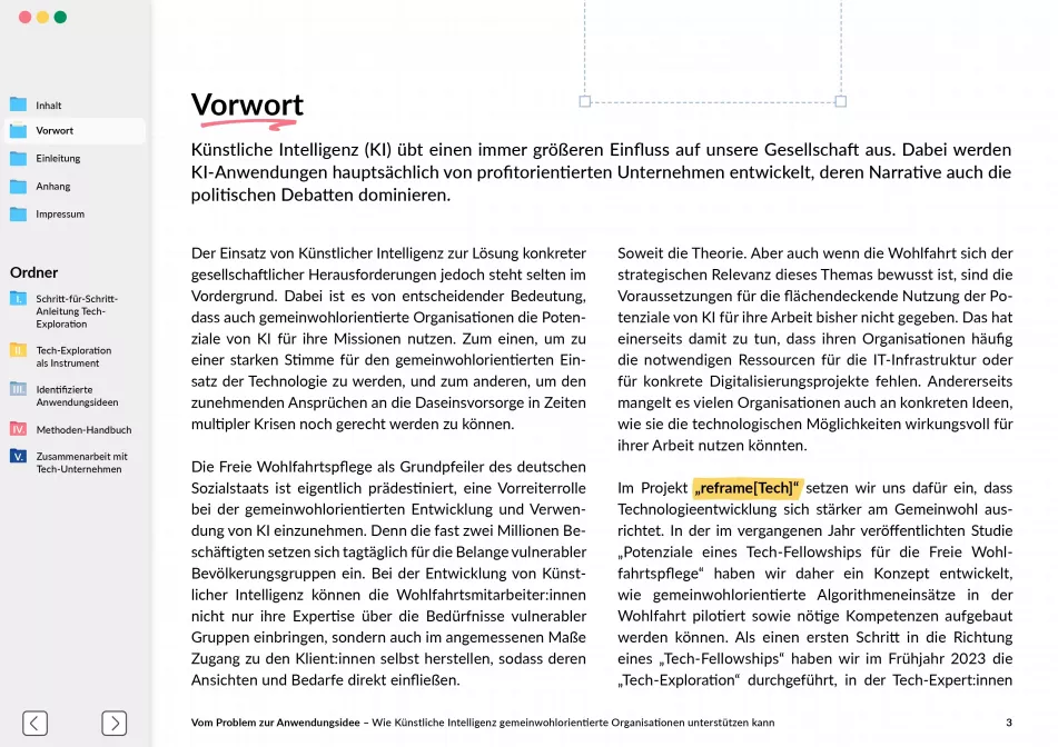 Seite mit Vorwort-Text zu Künstlicher Intelligenz und gesellschaftlicher Relevanz, links Navigationsleiste