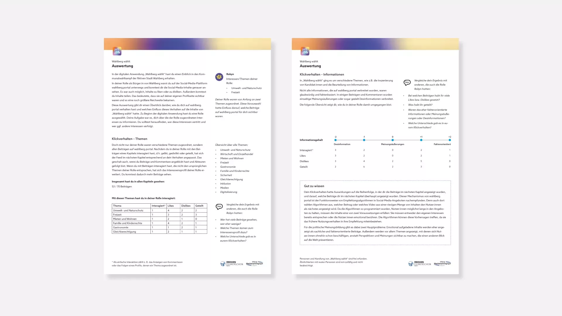 Zwei Seiten mit Auswertungen zur Webanwendung, Textabschnitte, Tabellen und Hervorhebungen zu Klickverhalten und Themeninteressen