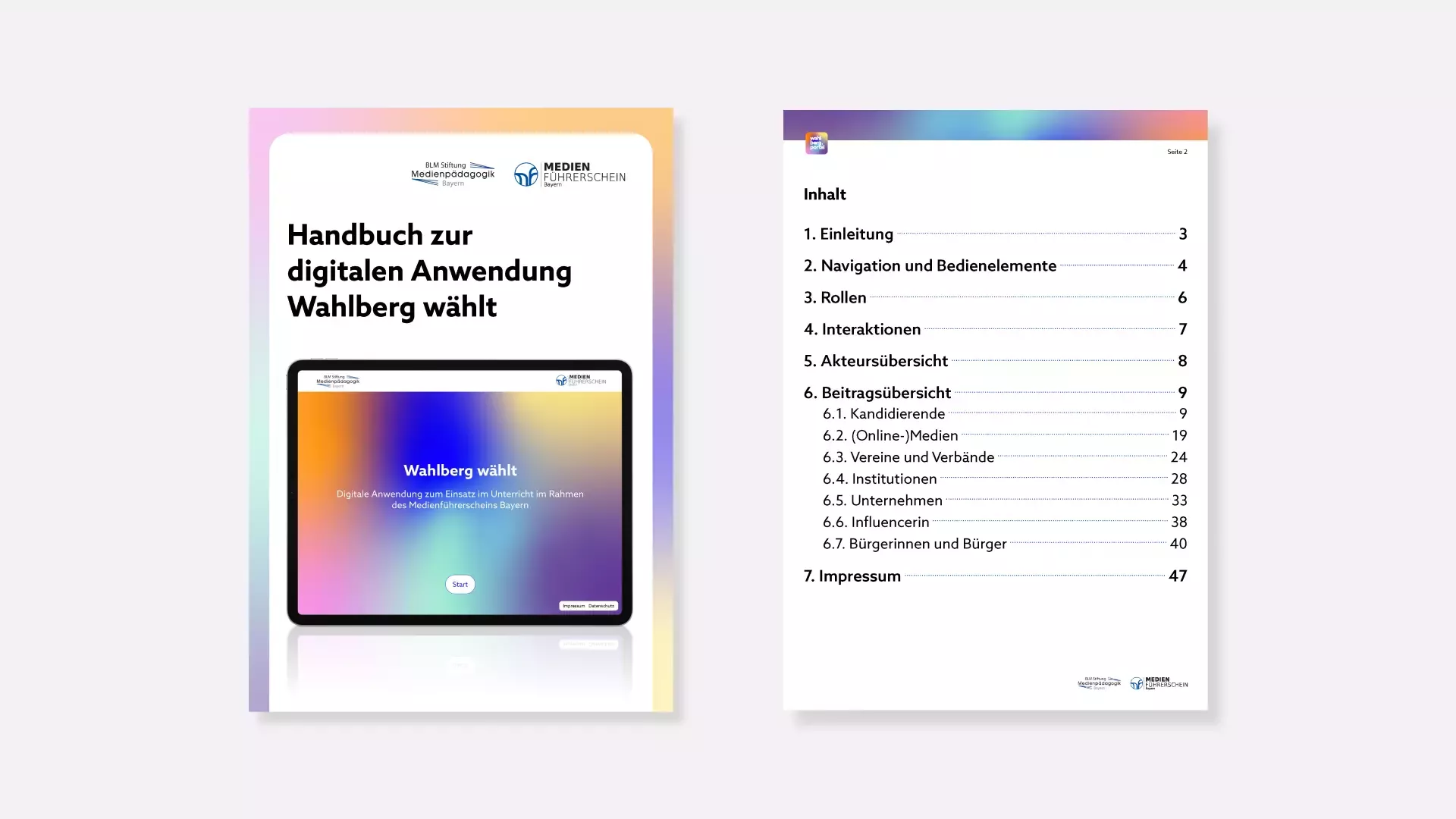 Linke Seite zeigt Titelseite des Handbuchs mit Tablet-Illustration, rechte Seite Inhaltsverzeichnis mit Kapiteln und Seitenzahlen