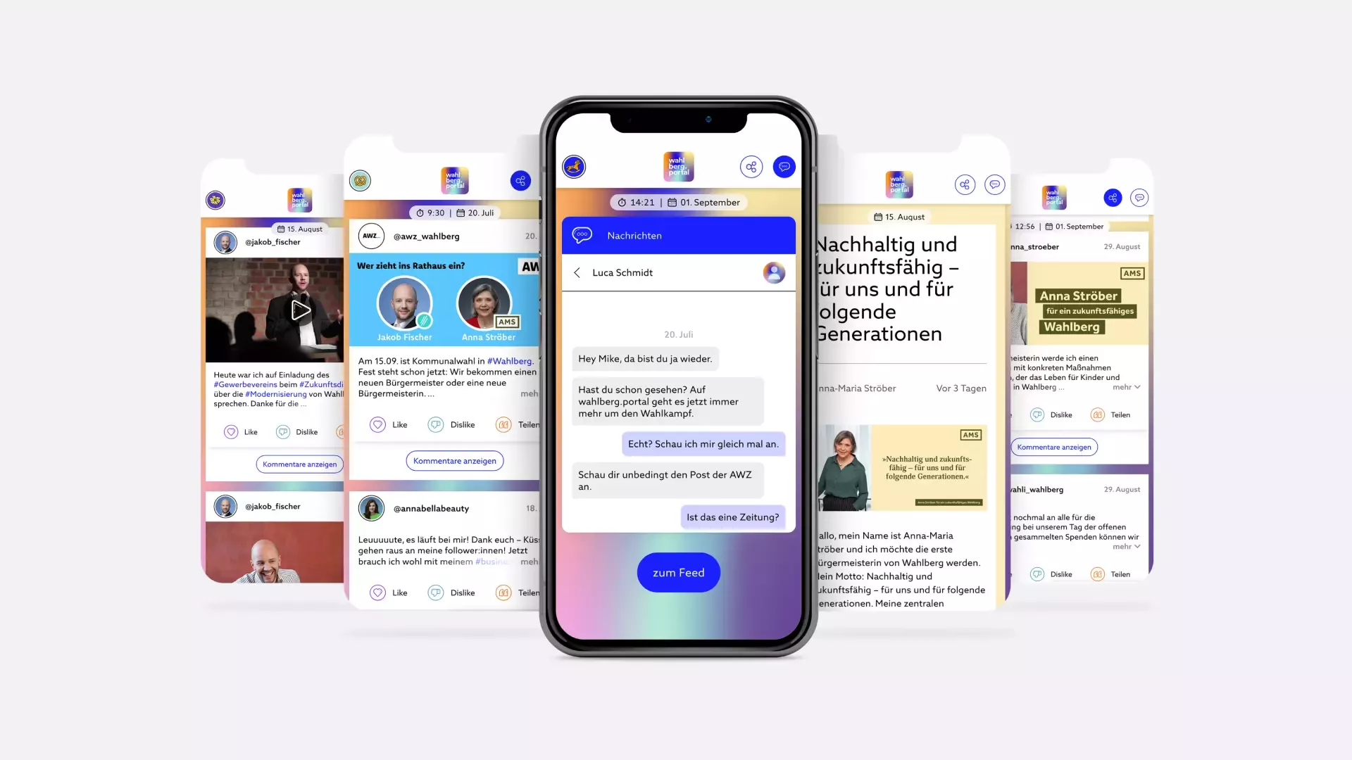 Mehrere Smartphones zeigen die Webanwendung, mit einem Social-Media-Feed, Kommentaren, Artikeln und Chat-Funktion