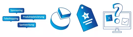 Vier blaue Symbole: Sprechblasen mit \