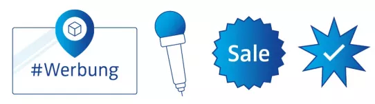 Vier blaue Symbole: Schild mit \