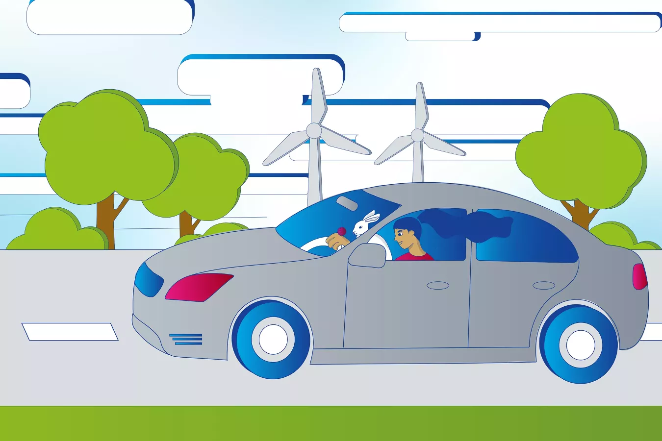 Illustration eines grauen Autos auf der Straße, darin eine Person und ein weißer Hase am Steuer, im Hintergrund Windräder, Bäume und Wolken