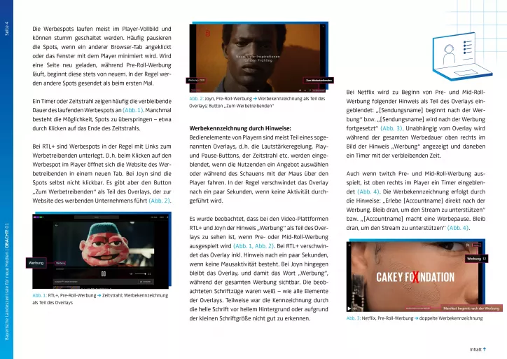 Seite mit Beispielen zur Pre-Roll-Werbung auf RTL+, Joyn, Netflix und Twitch, Beispielscreenshots der Plattformen mit Overlays und Hinweisen wie \