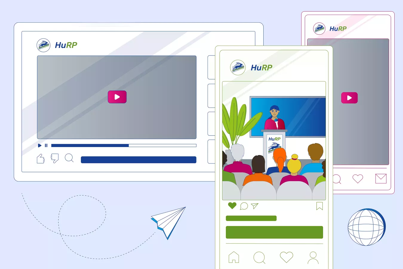 Illustration mehrerer Social-Media-Posts mit dem Logo \