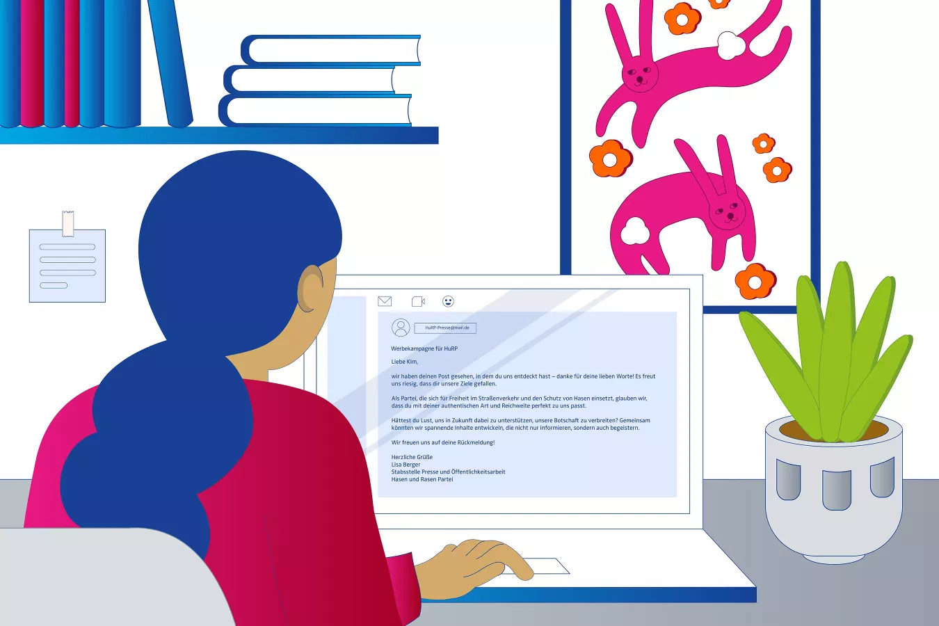 Illustration einer Person am Laptop, auf dem Bildschirm eine Mail mit Betreff \