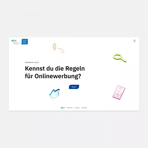 Home page of the advertising quiz with the question \