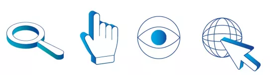 Vier blaue Symbole: Lupe, Hand-Cursor, Auge und Globus mit Pfeilcursor