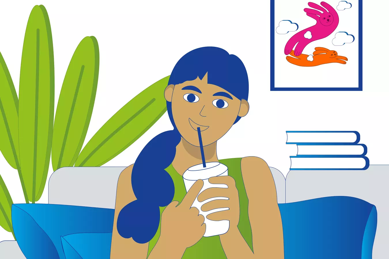 Illustration einer lächelnden Person mit blauem Haar, die aus einem Becher mit Strohhalm trinkt, im Hintergrund Pflanzen, Bücher und ein Bild