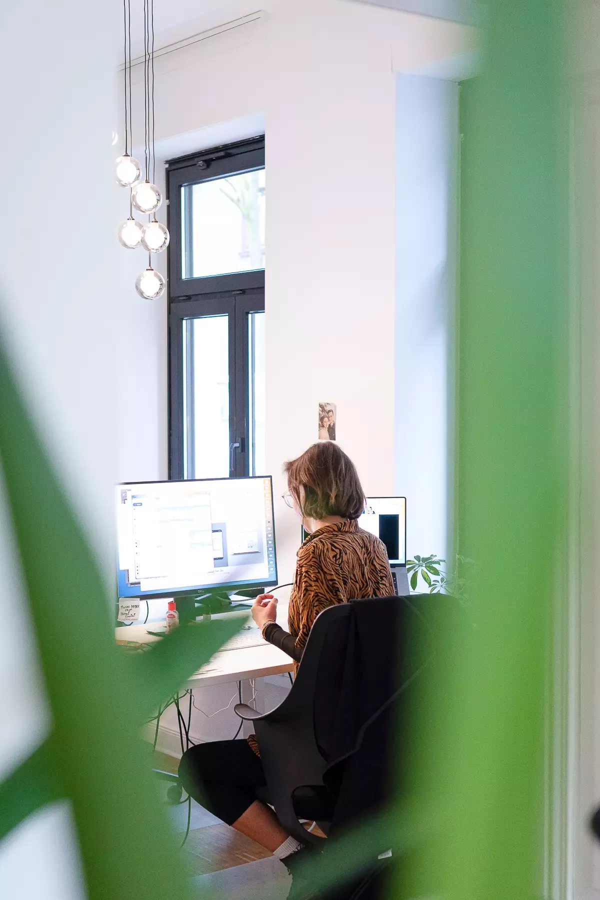 Lea works intently at a desk with two monitors in a bright office, with pendant lamps and green plants in the background, photo taken through leaves