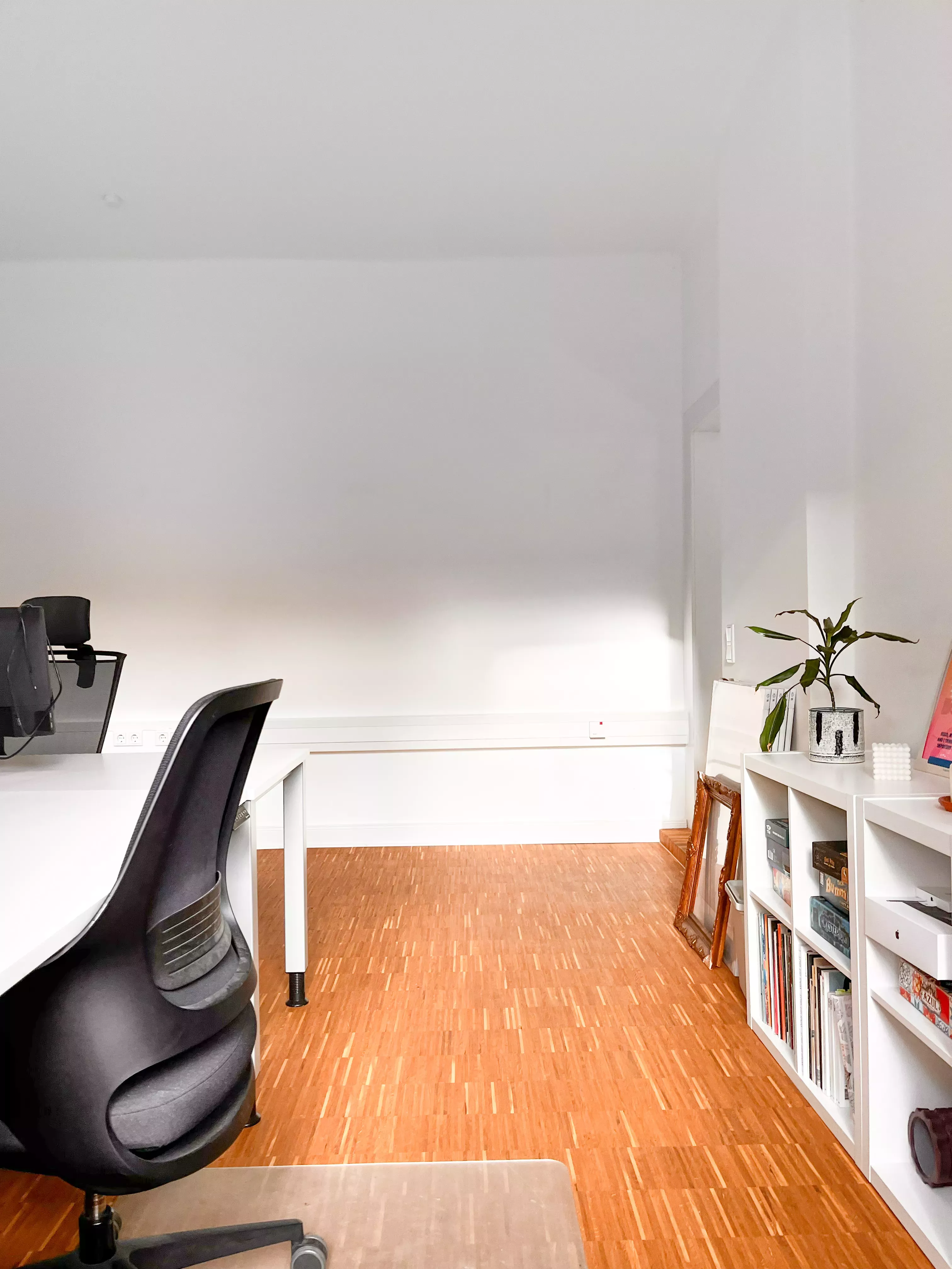 Foto vom Büro, ein Schreibtisch im Anschnitt und ein Regel. Auf der rechten Seite ist die Tür zum Eingangsbereich angedeutet. Hell und freundlich.