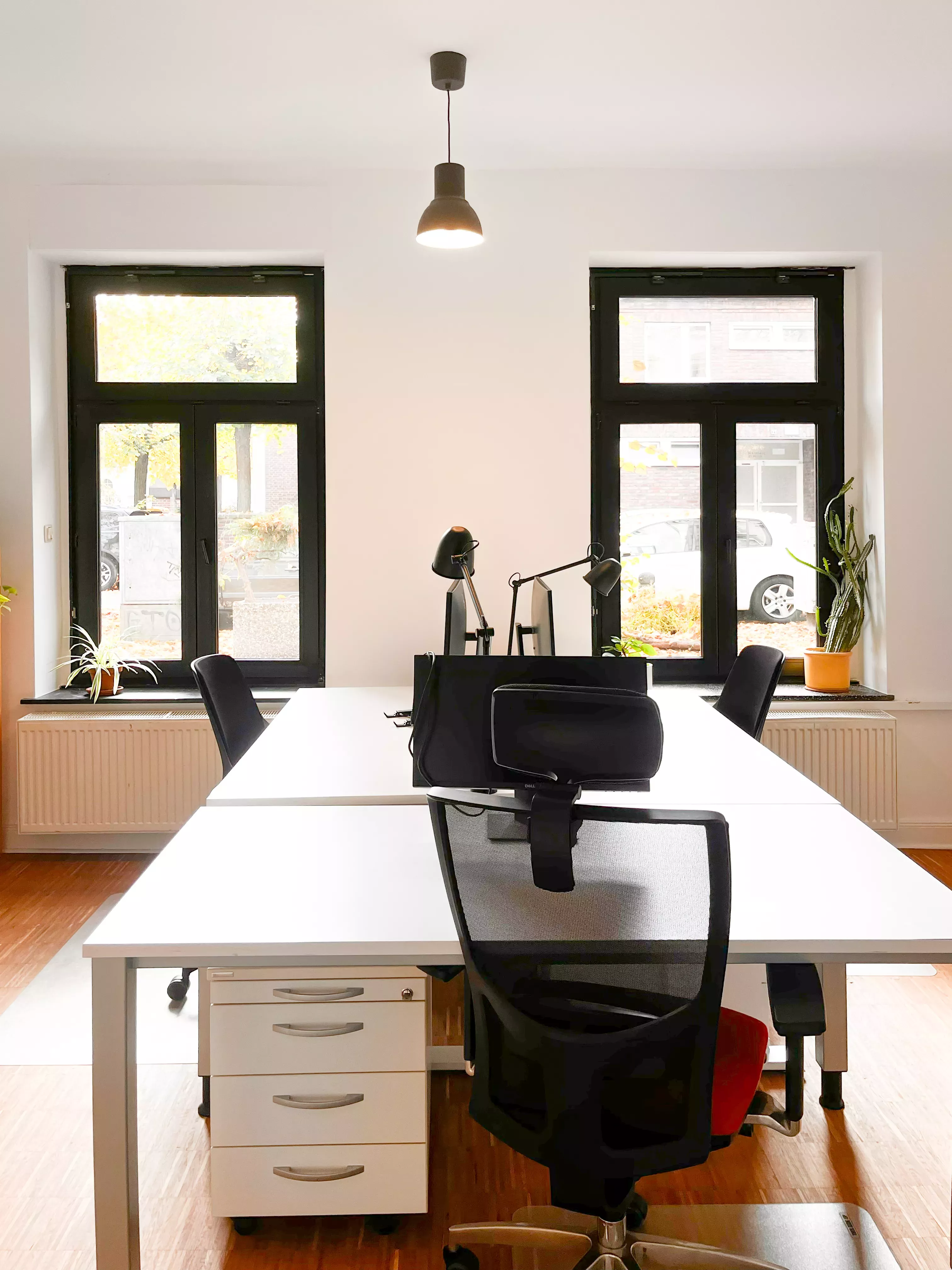 Foto vom Büro, drei Schreibtische stehen vor 2 Fenster. Es ist sehr hell und freundlich. Auf den Schreibtischen stehen Bildschirme.